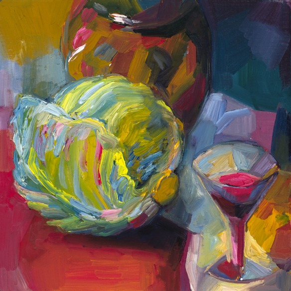 Cabbage and a jar of olives