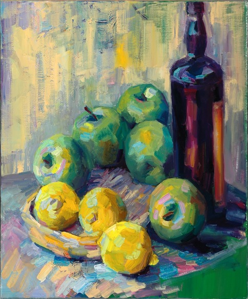 Still life with green apples and lemons
