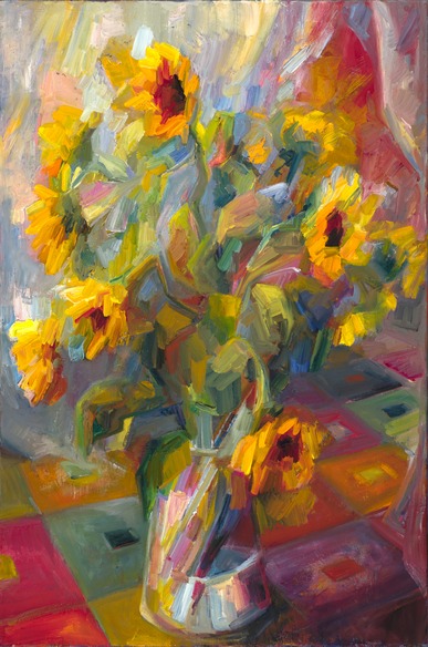 Sunflowers on checkered rug