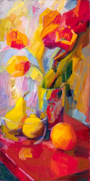 Tulips, an orange and two pears