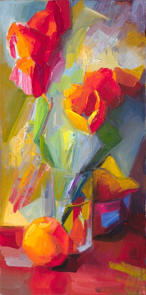 Tulips, an orange and a bowl of pears